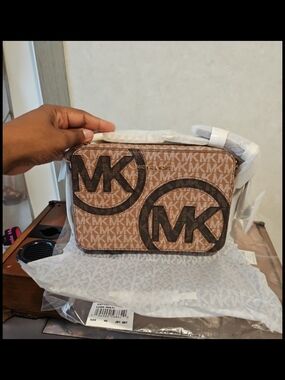 Michael Kors Tan and White MK Monogram Crossbody Bag